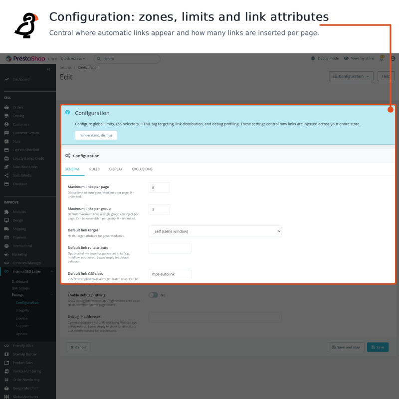 Configuration for zones, selectors, limits and link attributes