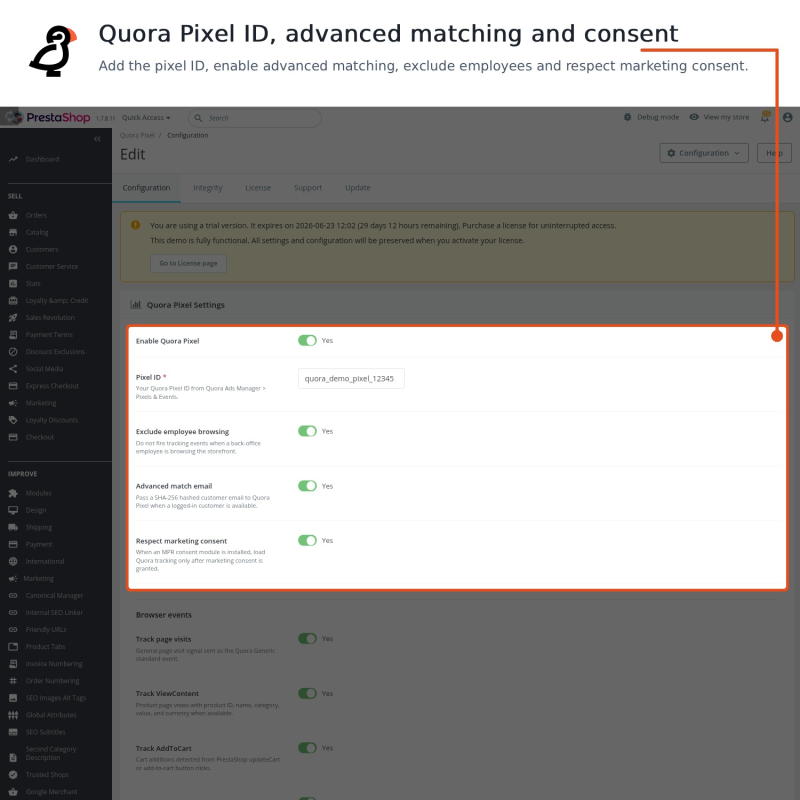 ID Quora Pixel con opzioni di corrispondenza avanzata e consenso