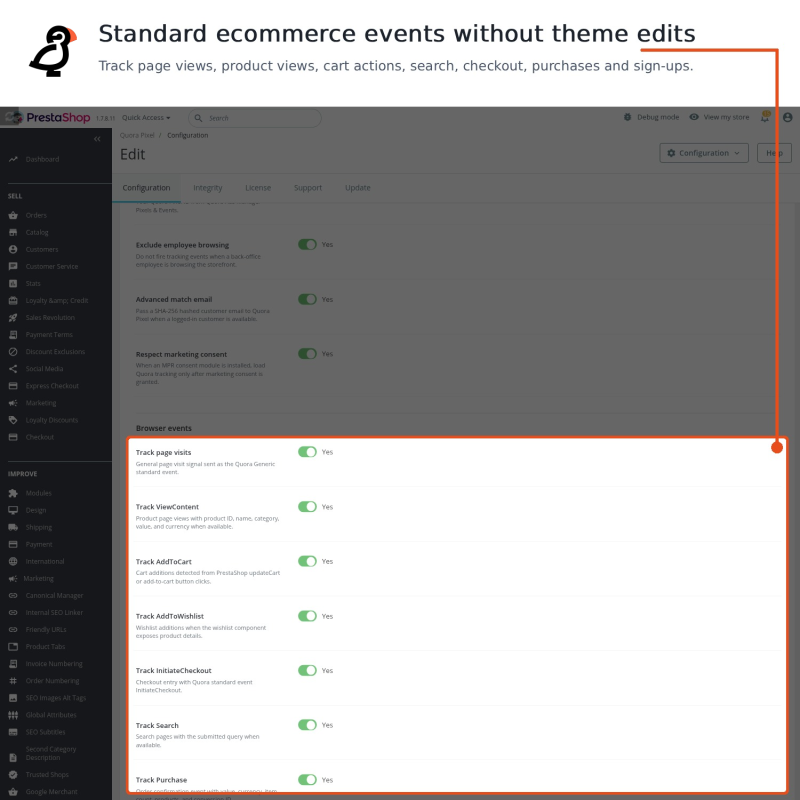 Eventi e-commerce standard attivati senza alcuna modifica al tema