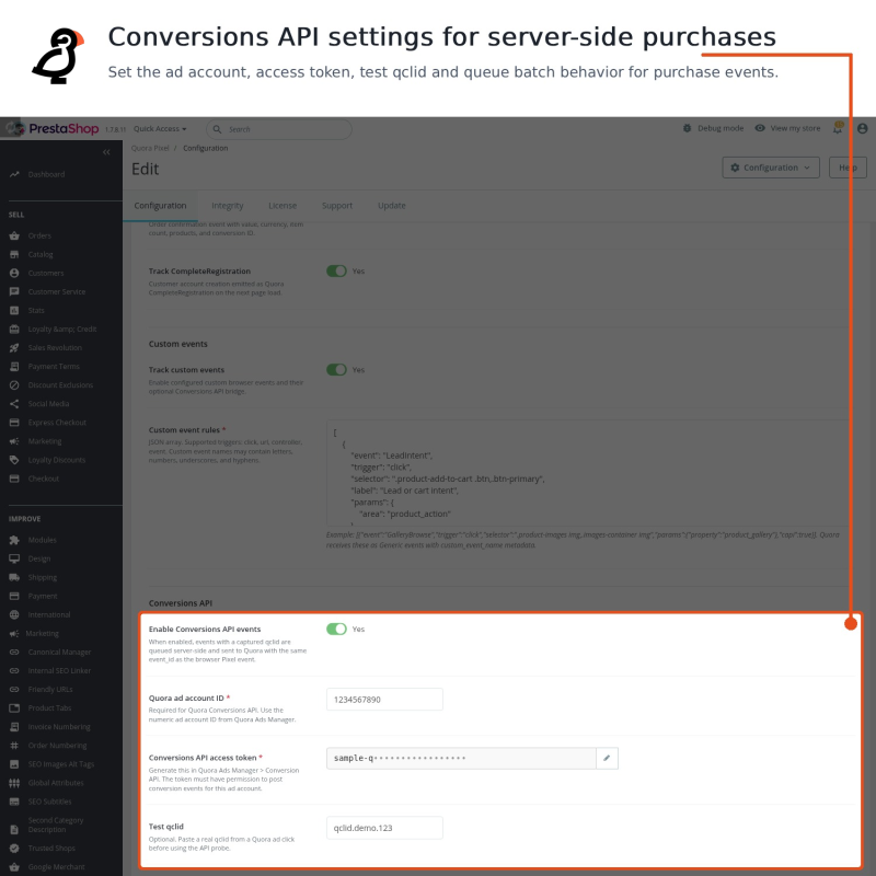 Impostazioni per l'invio degli eventi di conversione Quora lato server