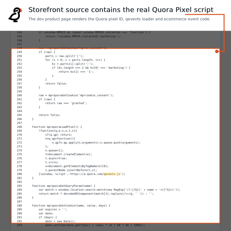 Sorgente del negozio che mostra lo script live del pixel Quora