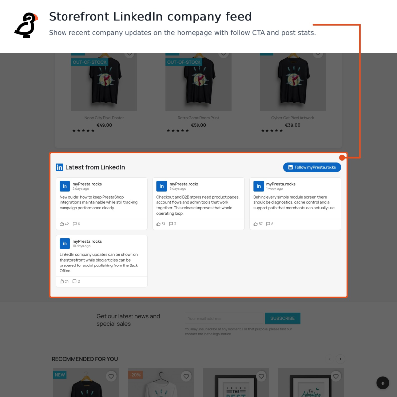 Storefront block showing the LinkedIn company feed