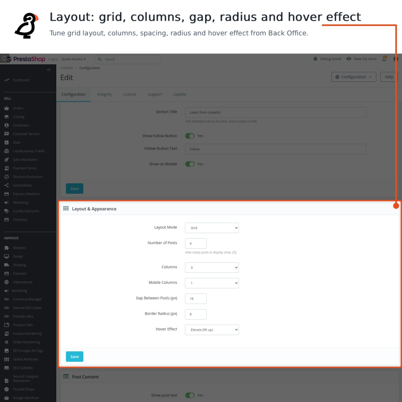 Layout settings, grid columns, gap, corner radius and hover effect