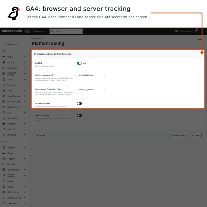 Configuration screen for GA4 Measurement Protocol tracking
