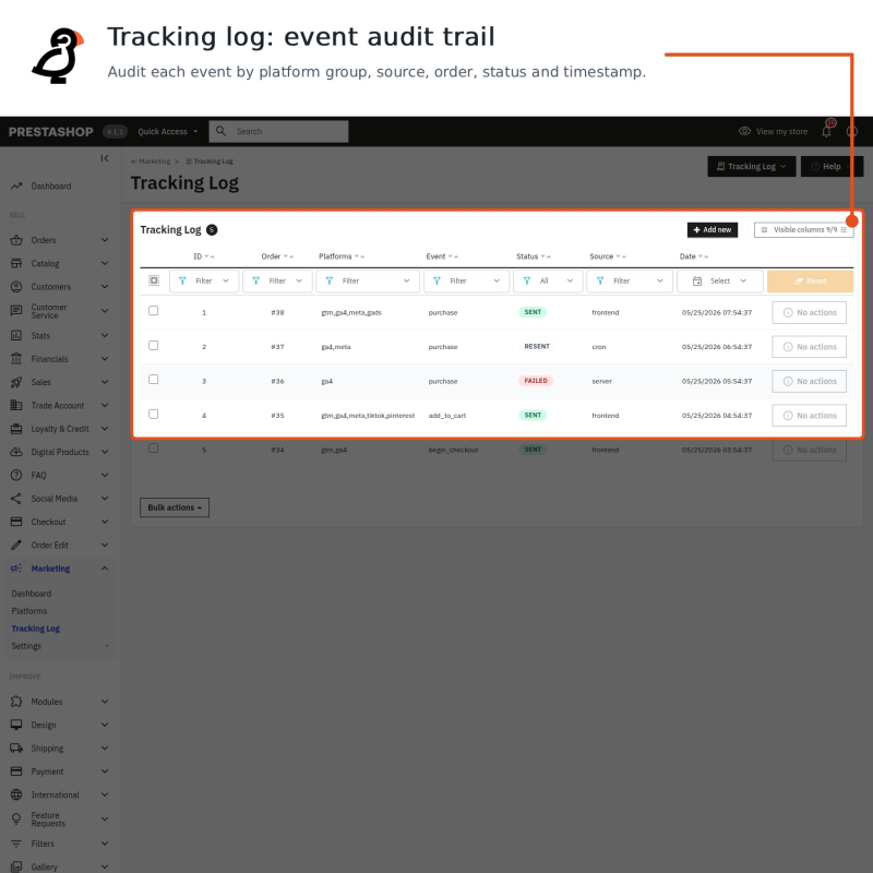 Tracking log showing sent, failed and resent events