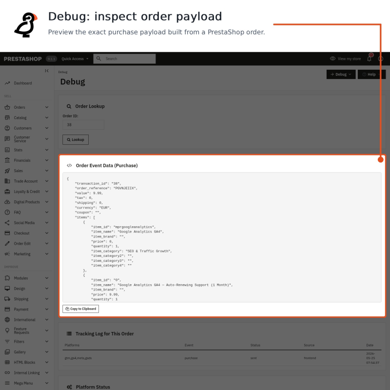 Debug view of an order payload before its events are sent