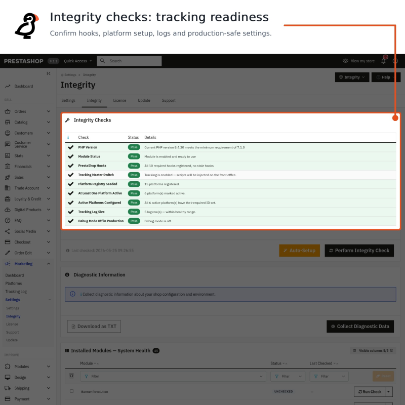 Integrity checks confirming your tracking setup is ready