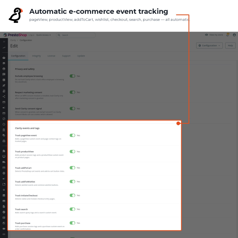 Automatic tracking of e-commerce events out of the box