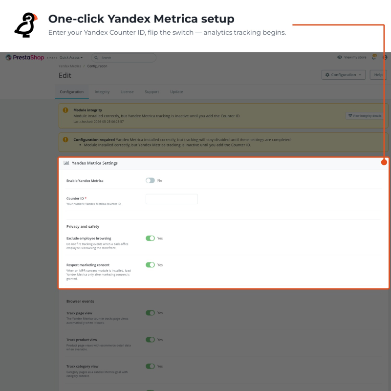 Konfiguracja jednym kliknięciem do połączenia licznika Yandex Metrica