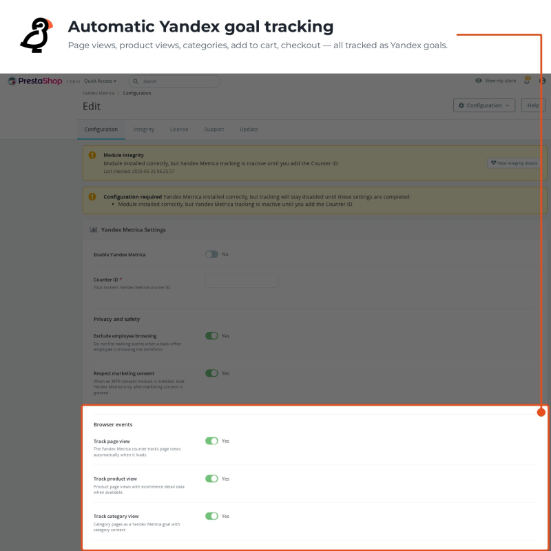 Automatyczne śledzenie celów Yandex dla kluczowych działań w sklepie