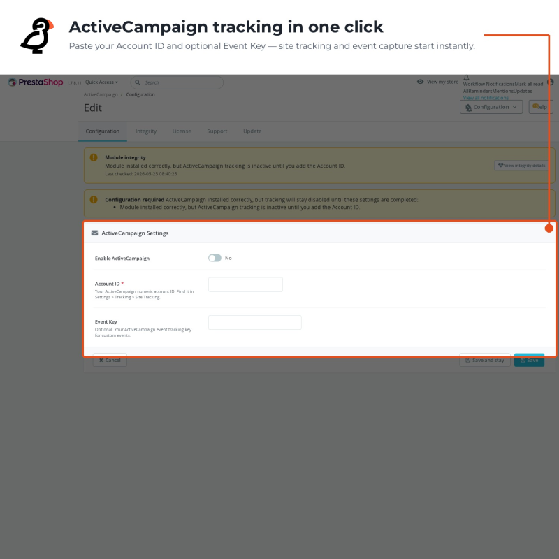Schermata delle impostazioni ActiveCampaign dove attivi l'integrazione e salvi l'ID account per avviare il tracciamento del sito