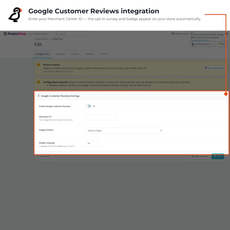 Ustawienia Google Customer Reviews dla Merchant ID, pozycji plakietki i języka plakietki