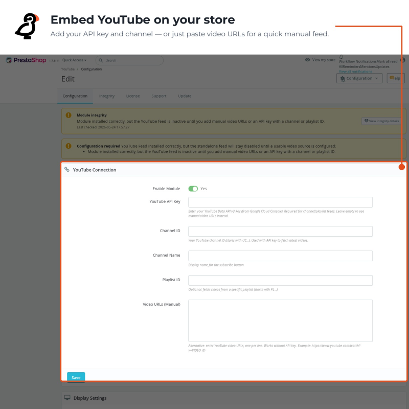 Pannello di connessione YouTube per la chiave API, il canale e la playlist o gli URL video manuali