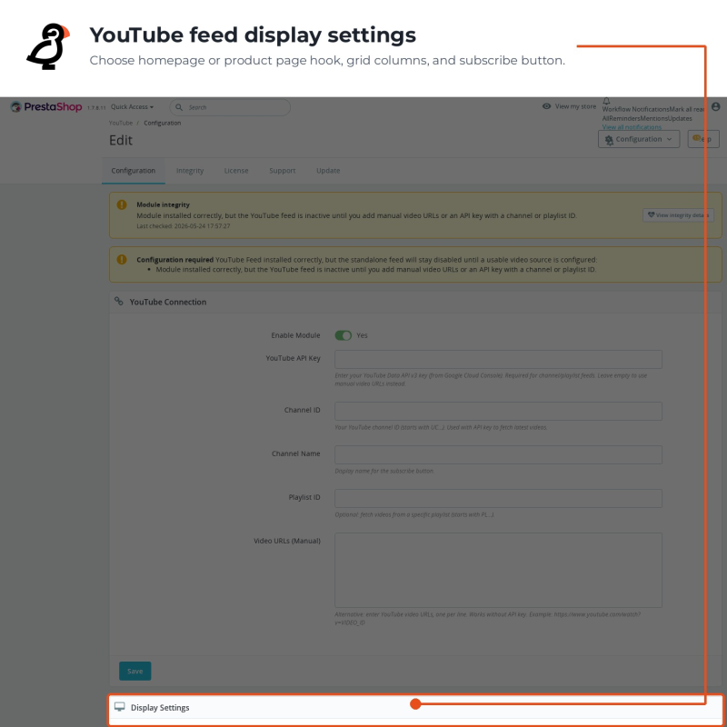 Configurazione del feed YouTube con la sezione impostazioni di visualizzazione evidenziata
