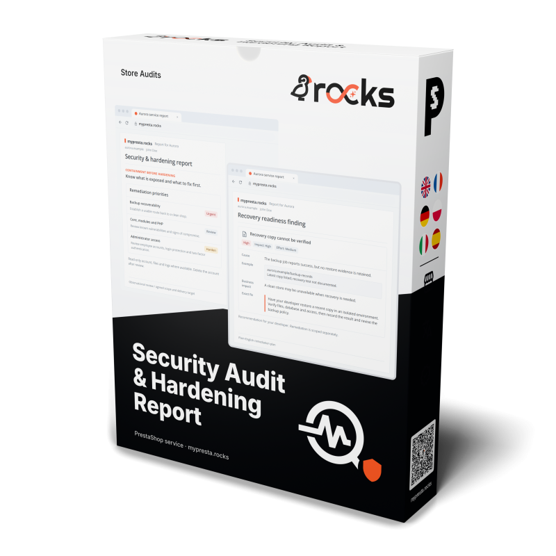 Audit del negozio PrestaShop su malware, Magecart, hardening admin, 2FA e backup