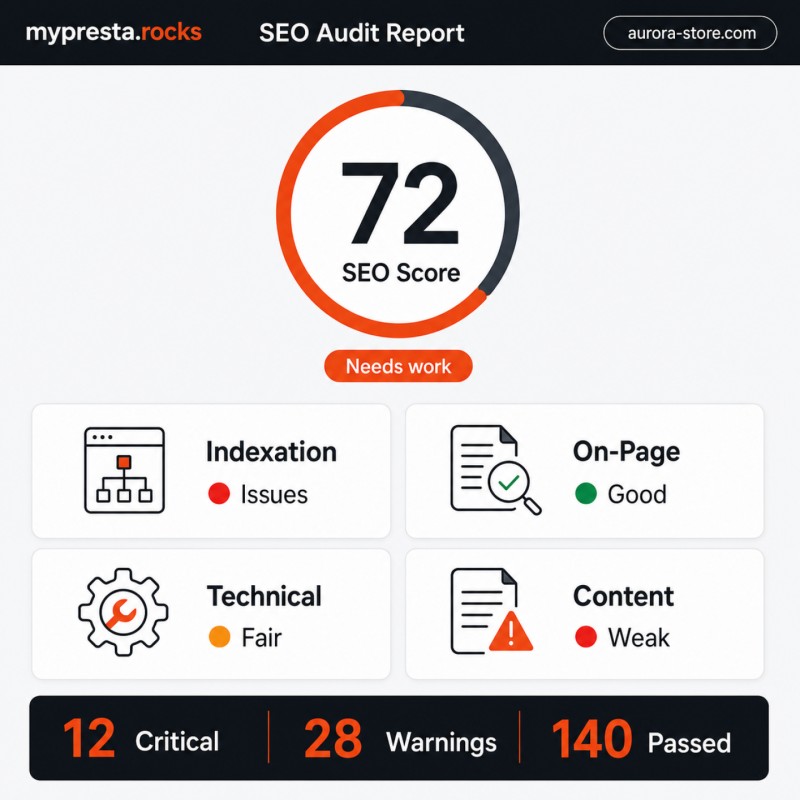 Dashboard del report di audit SEO con punteggi, problemi e Core Web Vitals