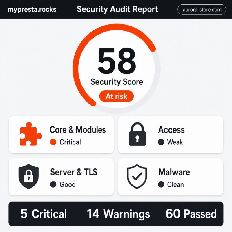 La dashboard dell'audit di sicurezza con punteggio di rischio e risultati