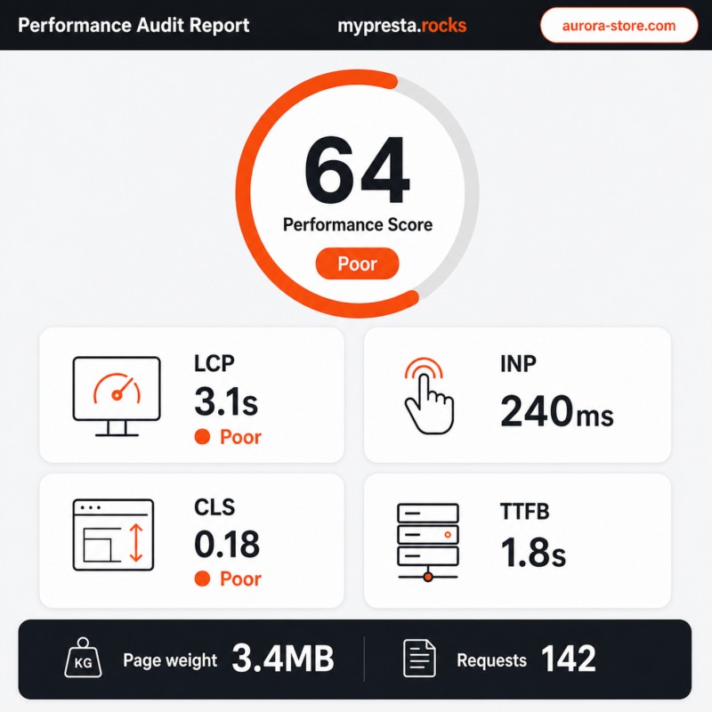 Dashboard di audit che mostra il punteggio complessivo e i Core Web Vitals