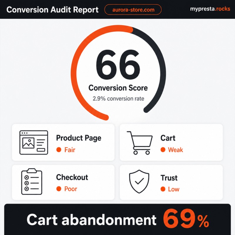 Tableau de bord d'audit de conversion avec taux global et scores