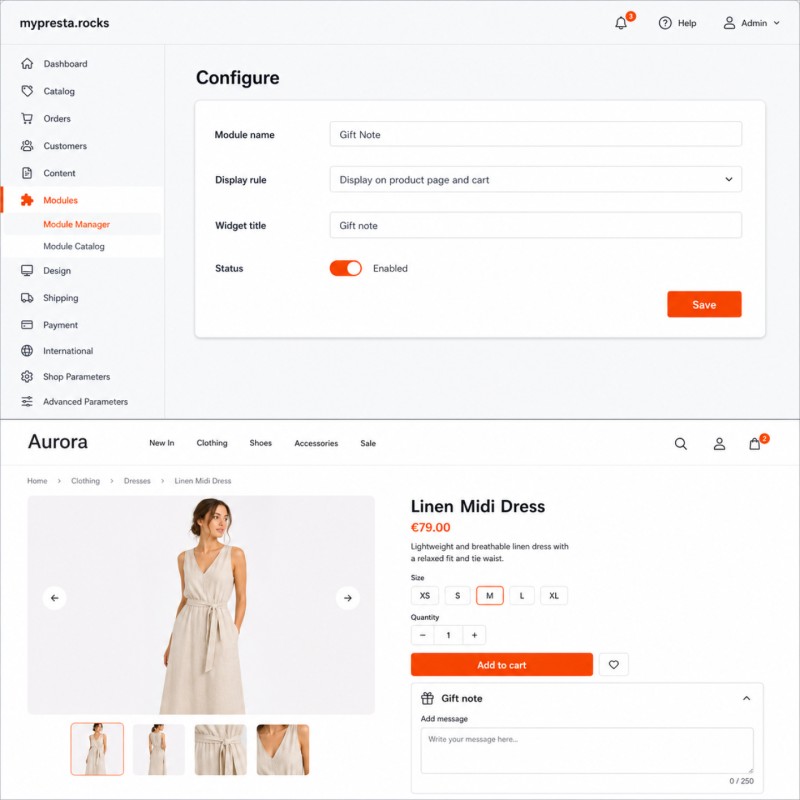 Vorschau des fertigen Moduls in Admin und Shopseite