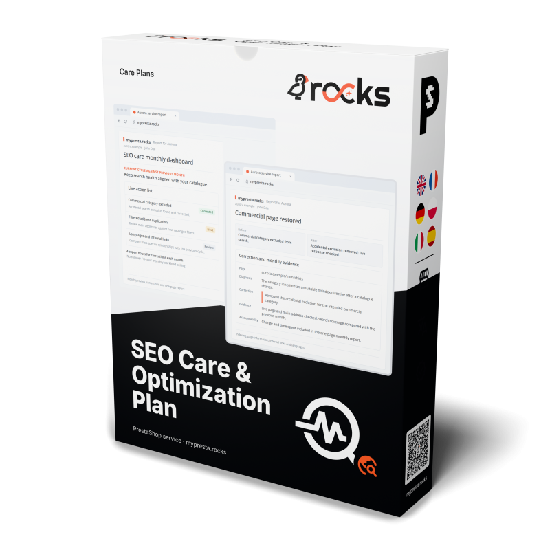 Maintenance SEO PrestaShop mensuelle : audits, indexation, données structurées et Core Web Vitals