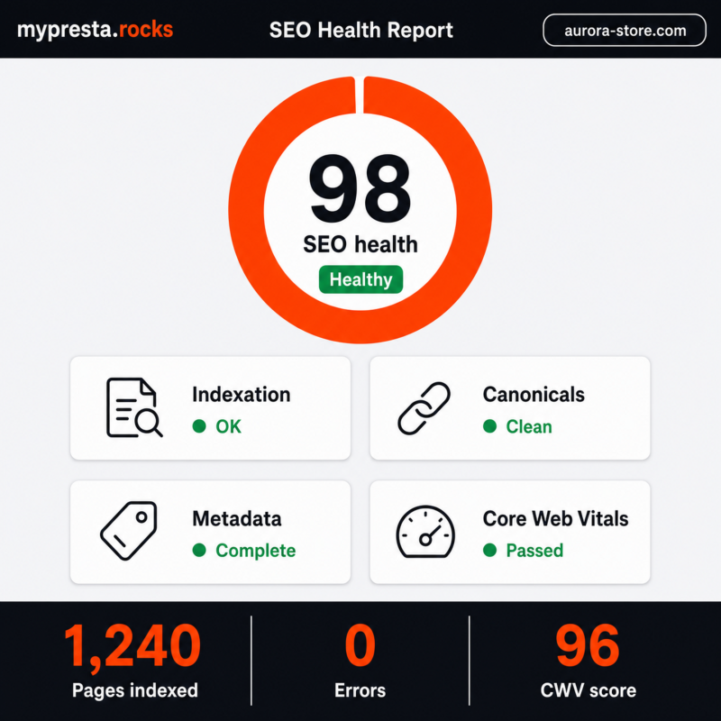 Un punteggio SEO di 98 con indicizzazione, canonical e vitals puliti