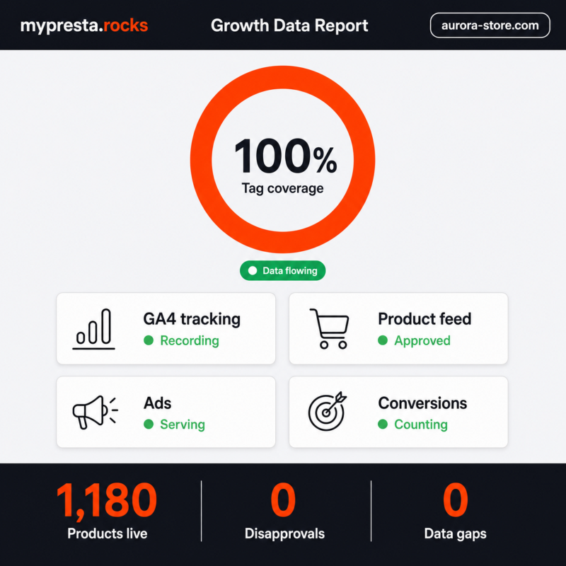Volle Tag-Abdeckung: Tracking, Feed, Anzeigen und Conversions laufen