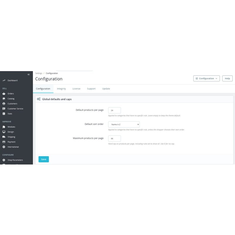 Configuracion de Category Listing Rules: productos por pagina predeterminados para toda la tienda, ordenacion predeterminada y l