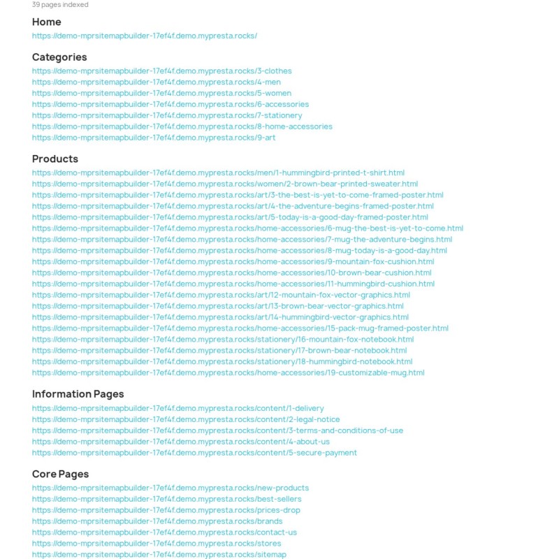 Página de mapa del sitio HTML que lista cada categoría y producto para visitantes y rastreadores
