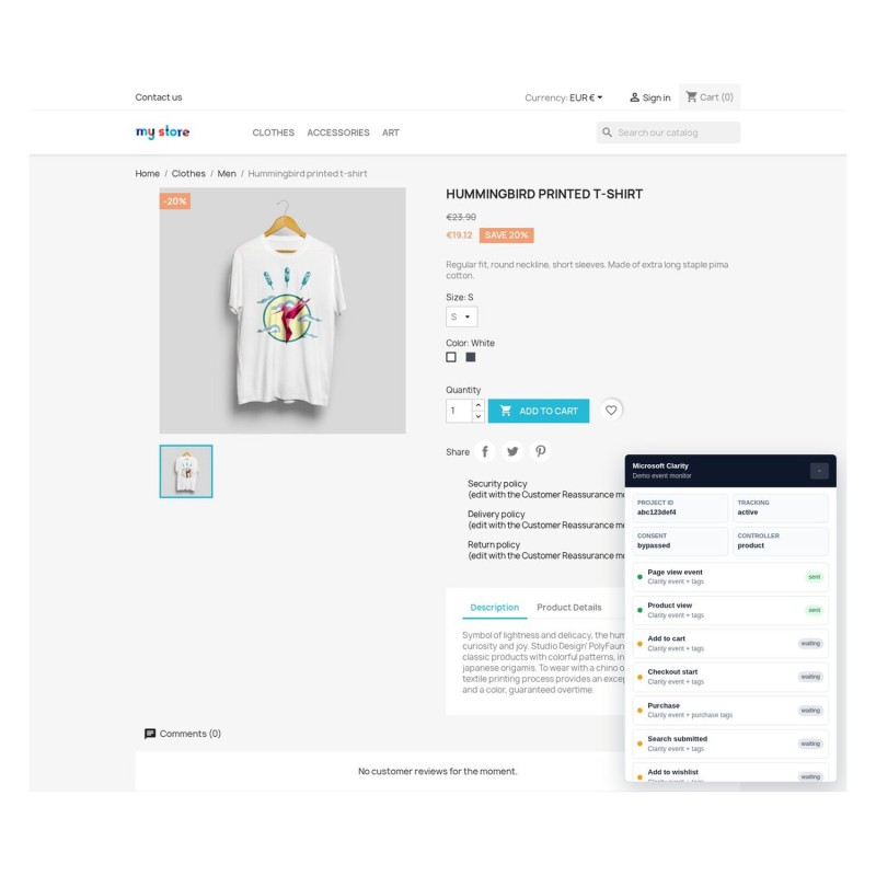 Storefront event monitor confirms Clarity tracking and each ecommerce event as it fires