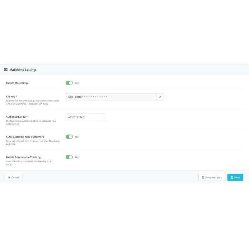 Configuración sencilla en PrestaShop: activación, clave API e ID de audiencia