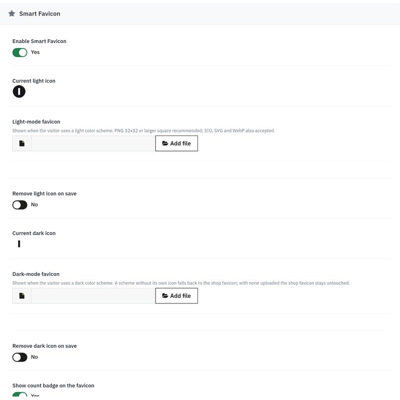Smart Favicon - back office configuration page with icon uploads