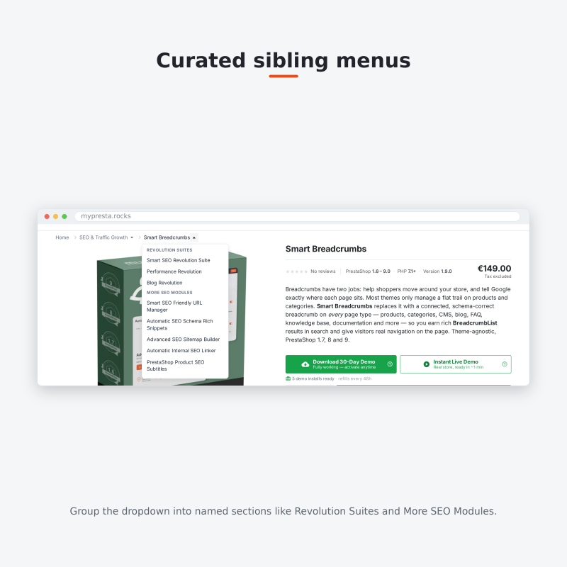 Curated dropdown groups