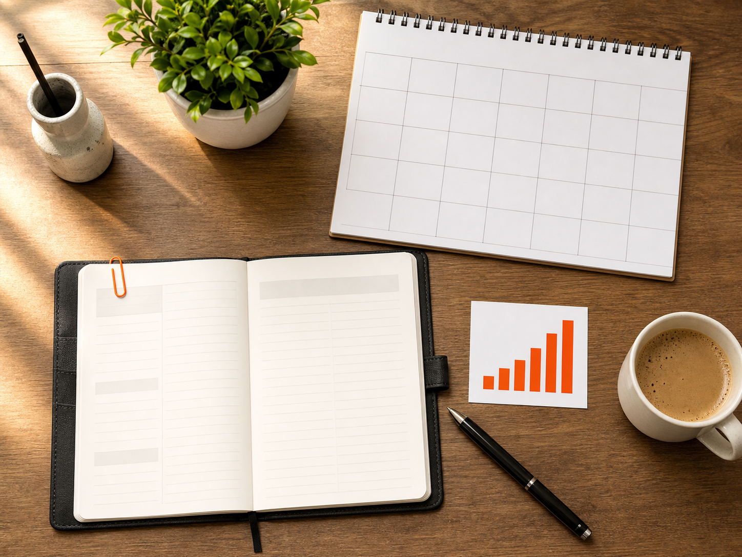 Agenda, calendario en blanco y un pequeño gráfico de crecimiento sobre un escritorio de madera con un café