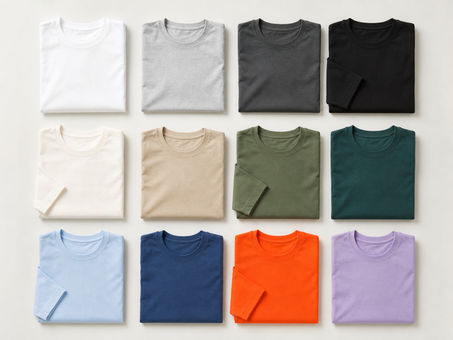 Una cuadrícula de la misma camiseta doblada en muchos colores diferentes, dispuesta en filas