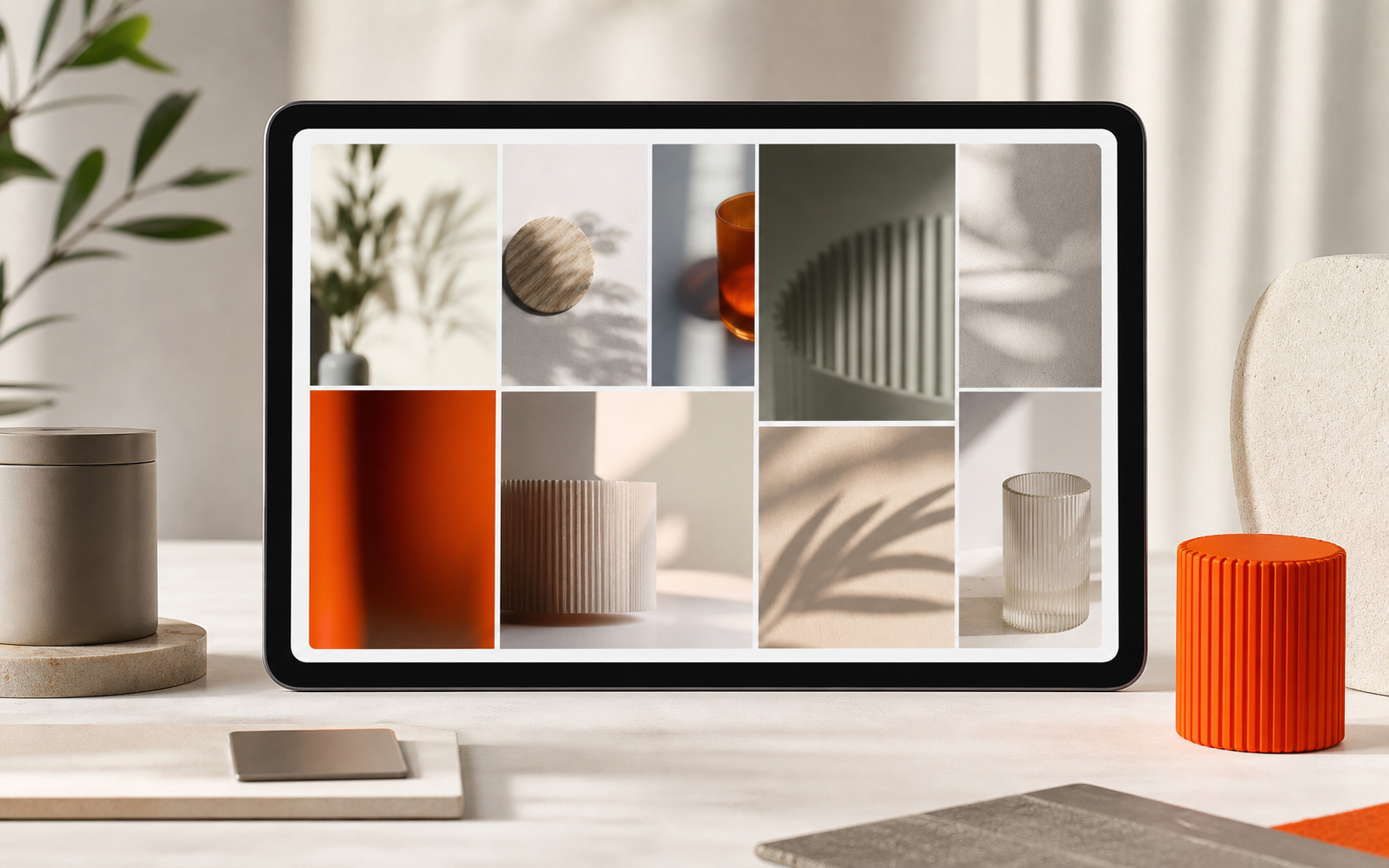 Une tablette affichant une élégante grille de galerie produit en maçonnerie à côté d'échantillons de produits physiques, illustrant une page de galerie PrestaShop