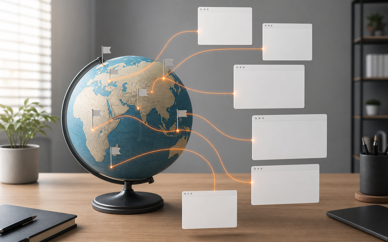 Un globo con marcatori di regione collegati da linee luminose a schede di pagine web distinte, a illustrare come hreflang indirizza ogni versione linguistica al pubblico giusto