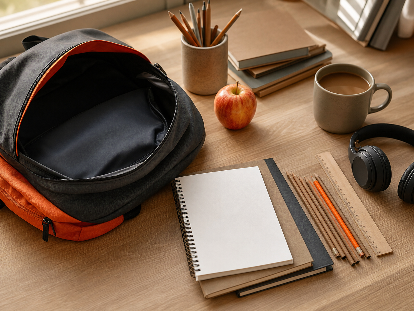 Composición de vuelta al cole con una mochila ribeteada en naranja, cuadernos en blanco y lápices junto a una taza de café y auriculares, insinuando segmentos de clientes no obvios