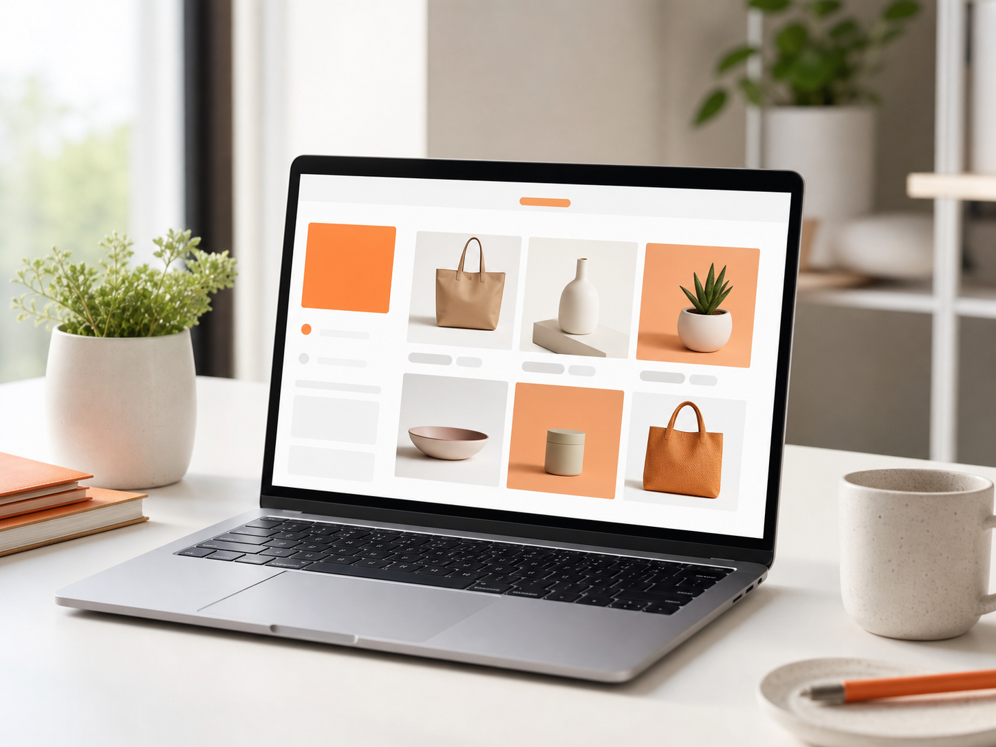 Un laptop su una scrivania luminosa mostra il layout pulito e moderno di un negozio online, a rappresentare quanto velocemente si può avviare un negozio