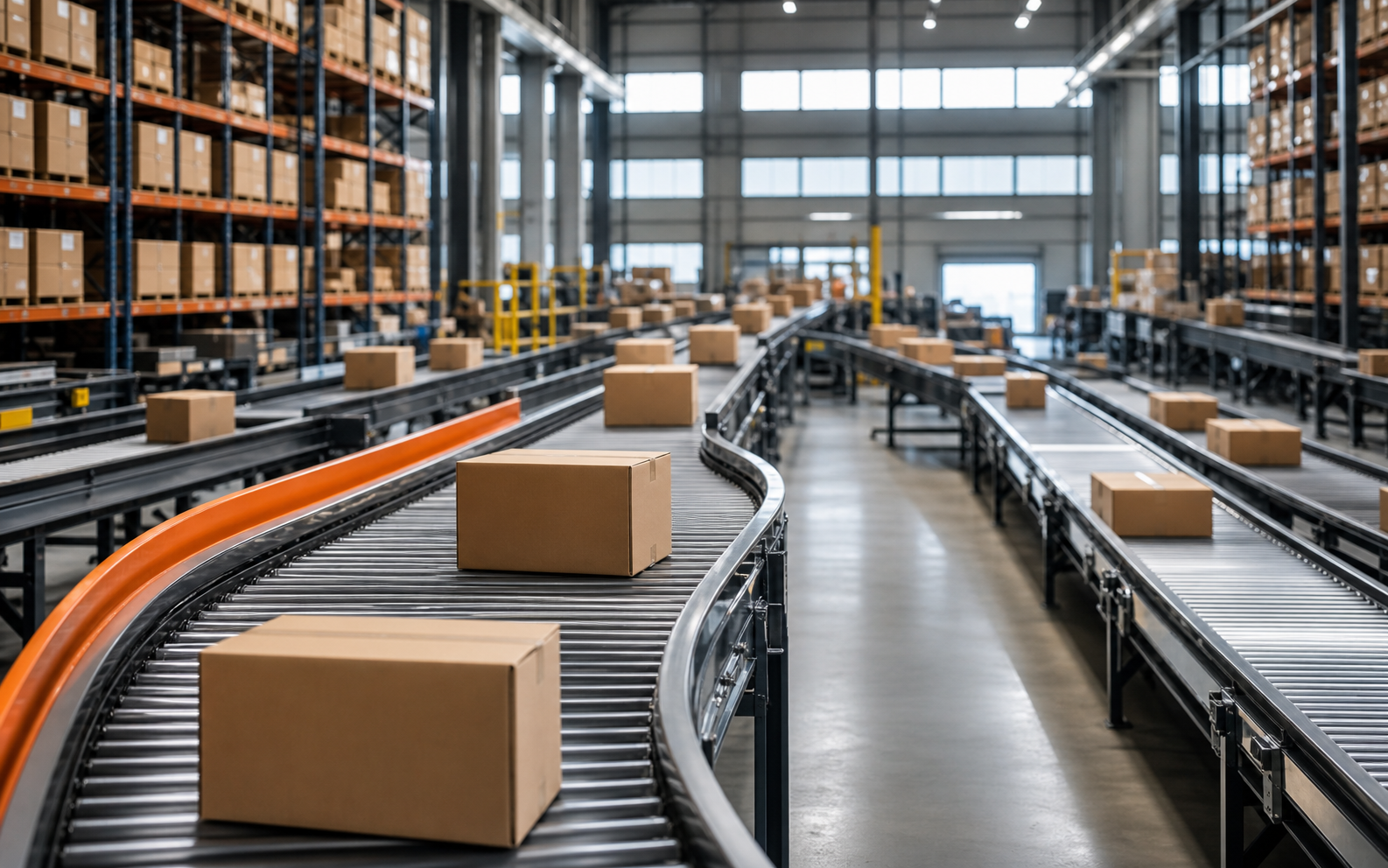 A fulfilment warehouse with parcels travelling along conveyor lines that branch toward several different routes