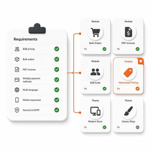 Resumen de asesoramiento PrestaShop sobre encaje de módulos y temas