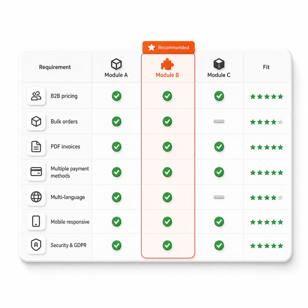 Module Fit Assessment PrestaShop: matriz de requisitos y recomendación