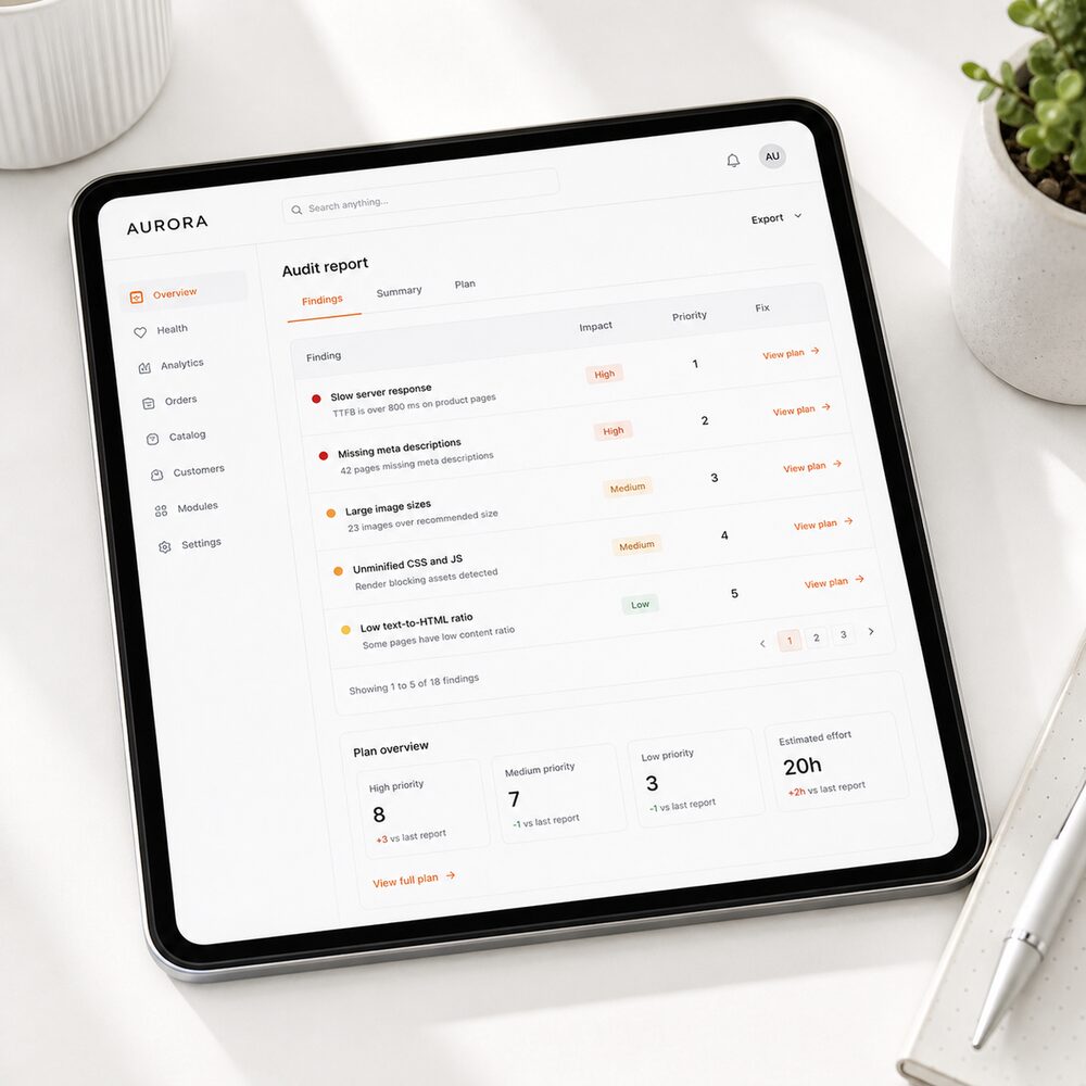 Branded PrestaShop audit report with a prioritised action plan