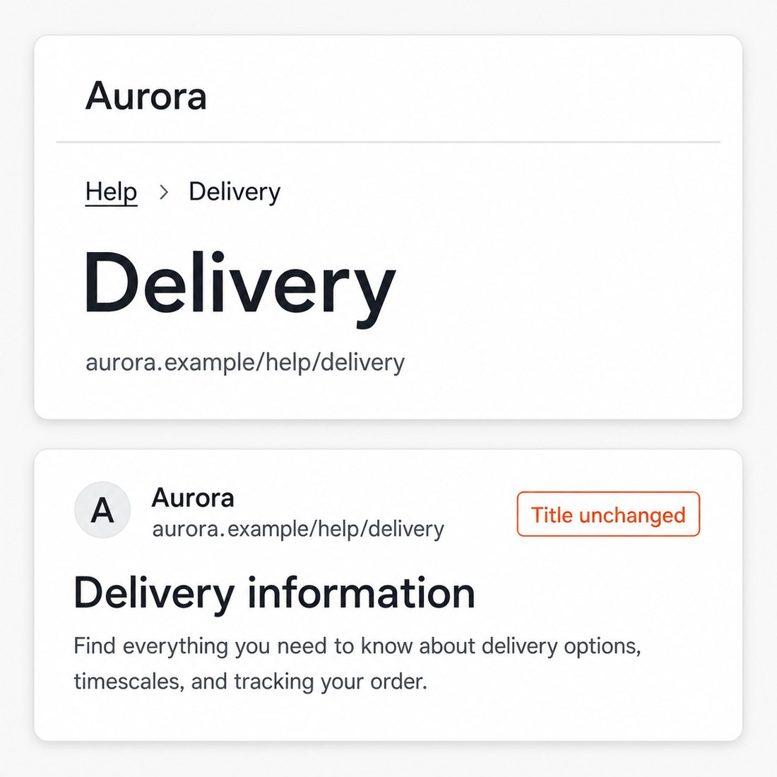 Makiety strony dostawy i wyniku wyszukiwania z tym samym adresem URL; wynik zachowuje tytuł Delivery information.