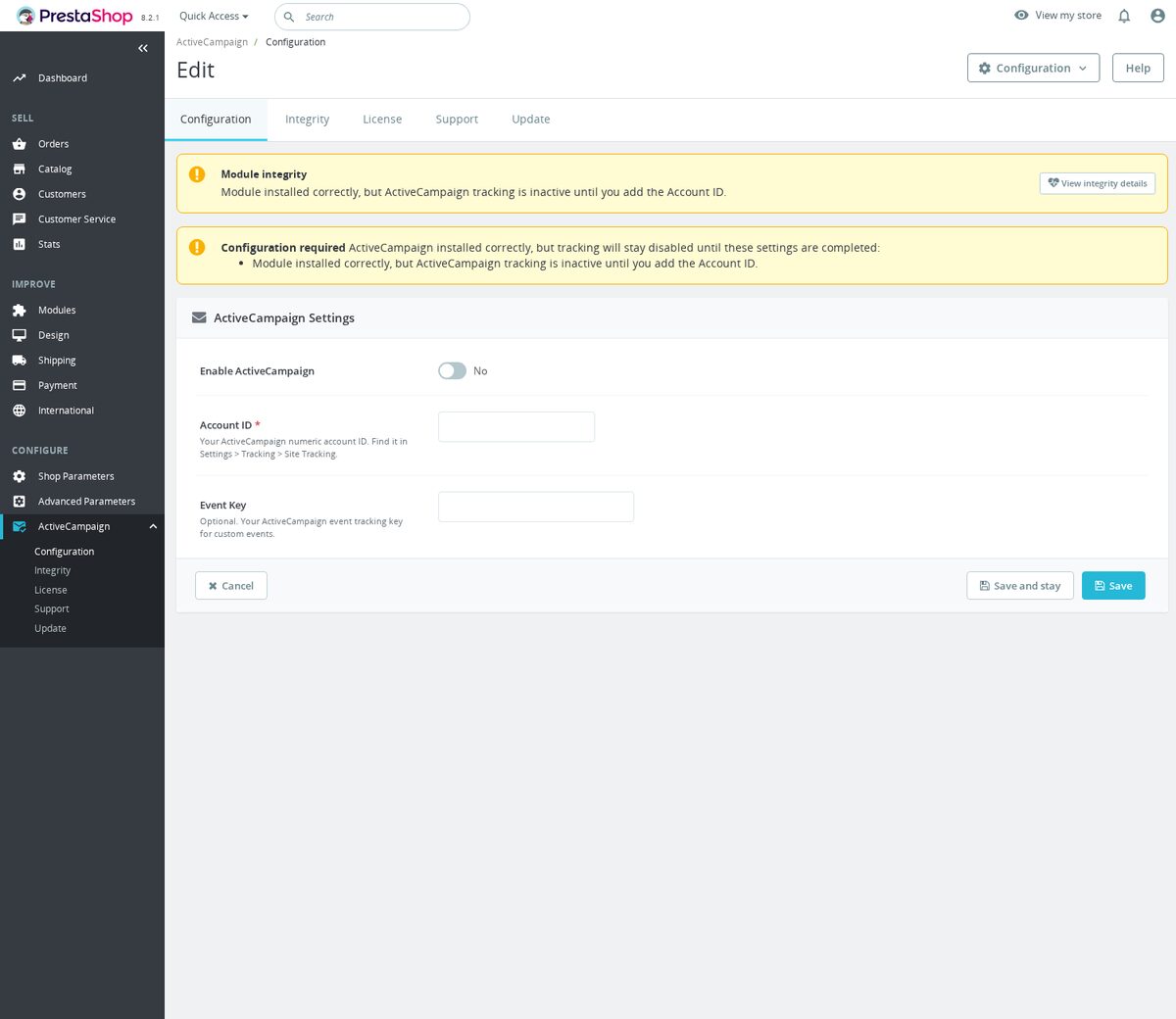 PrestaShop ActiveCampaign Integration - configurazione ActiveCampaign obbligatoria nell'amministrazione