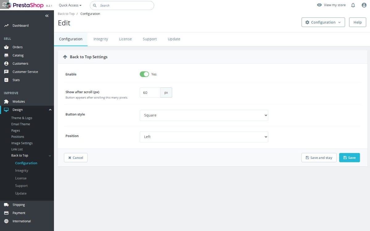 La schermata di configurazione di Back to Top Button