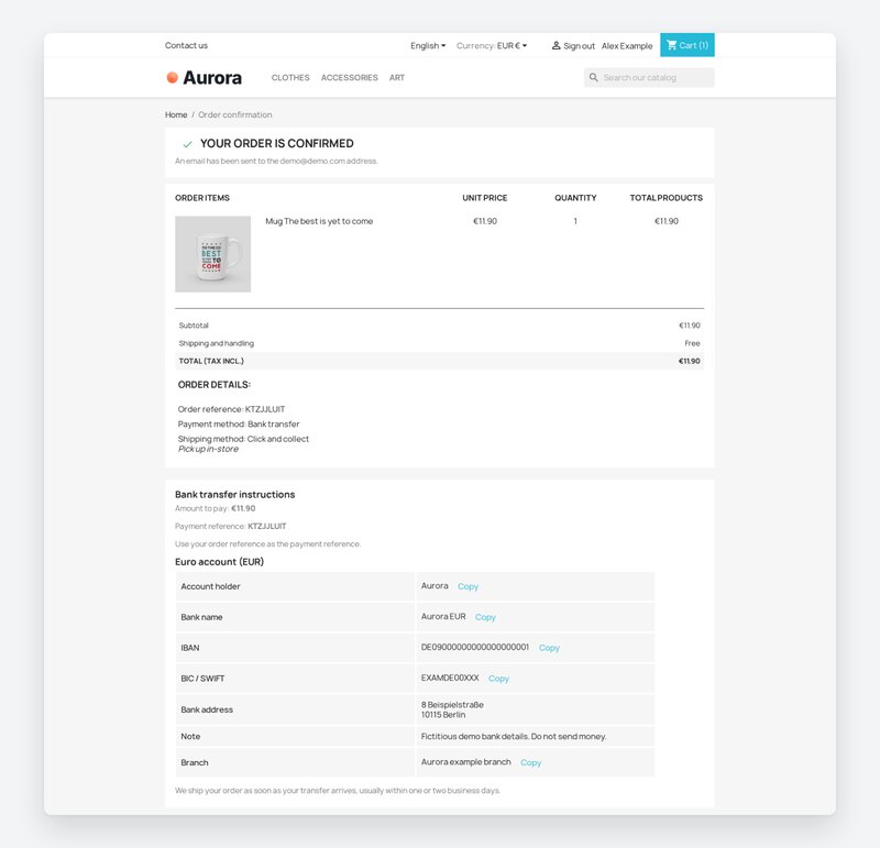 Aurora order confirmation from the page top with complete EUR bank instructions.