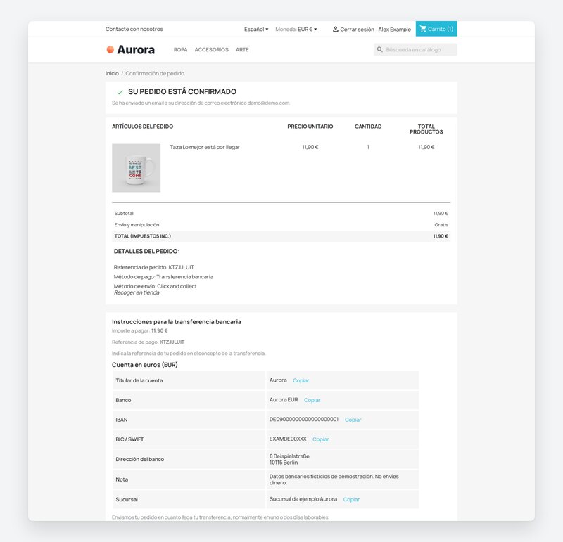 Confirmación Aurora desde el inicio con instrucciones EUR completas.