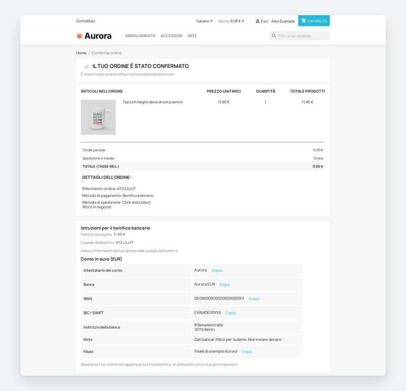Conferma Aurora dall’inizio della pagina con istruzioni EUR complete.