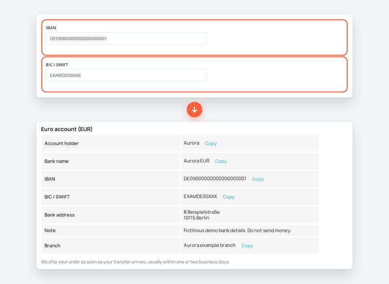 Outlined IBAN and BIC fields above the complete EUR account they produce.